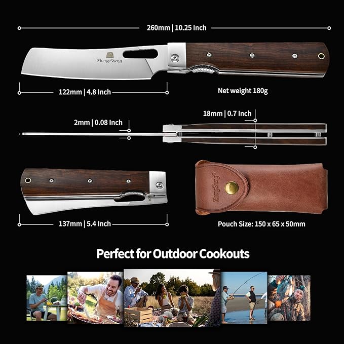 Folding Chef Knife with Leather Pouch 4.8" Sharp 440A Stainless Steel Blade Wooden Handle Pocket