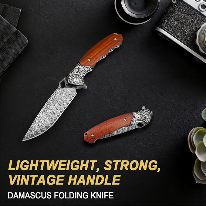 Damascus Folding Knife, 3.39" VG10 Core Damascus Steel Blade Pocket Knife for EDC, Wood Handle
