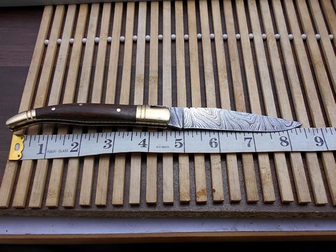 Laguiole Folding Damascus Steel Knife, 8.5" Long with 4" Hand Forged Twist patren Blade. Rose Wood