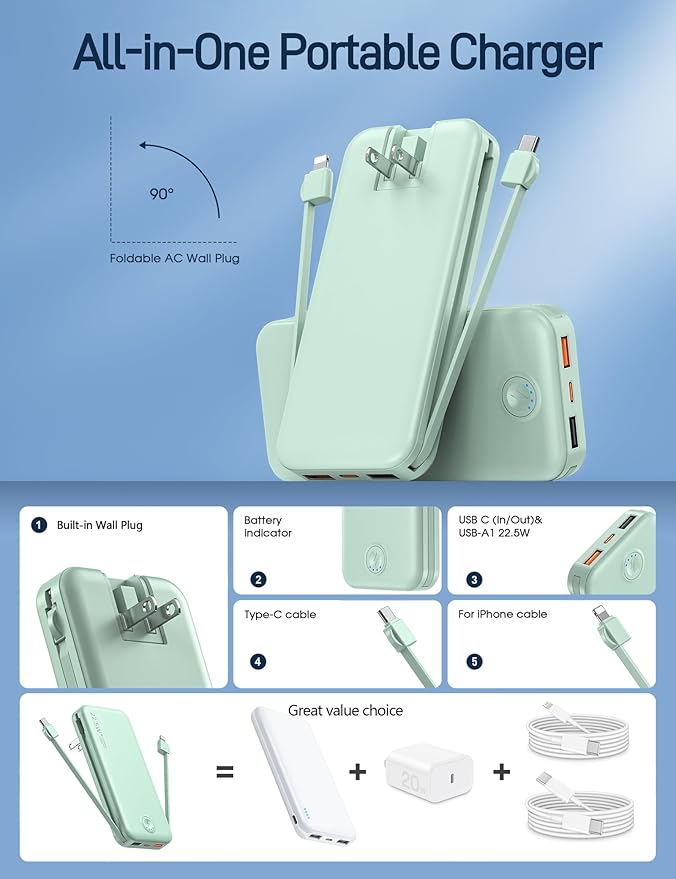 Portable Charger with Built in Cable and AC Wall Plug, USB C Power Bank 12000mAh 22.5W Super Fast