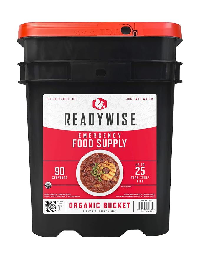 ReadyWise Emergency Food Supply - 90 Servings Organic Bucket, Protein Meals, Dehydrated & Freeze