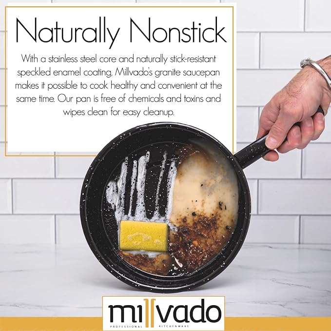 4 Quart Granite Saucepan, Naturally Nonstick Sauce Pots, Speckled Enamel Ware Cookware, Small Sauce