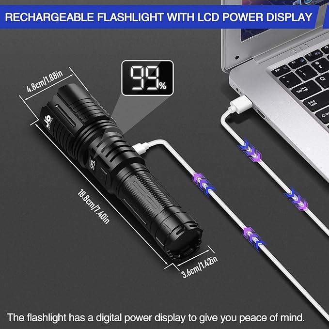 Rechargeable Flashlights 10000 Lumen, LED Flashlight with Digital Power Display and Zoomable