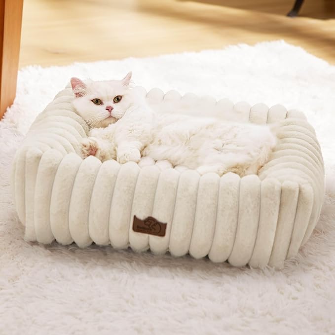 Bedsure Cute Dog Bed for Small Dogs & Cats - Washable Furry Cat Beds, Rectangle Orthopedic Corduroy