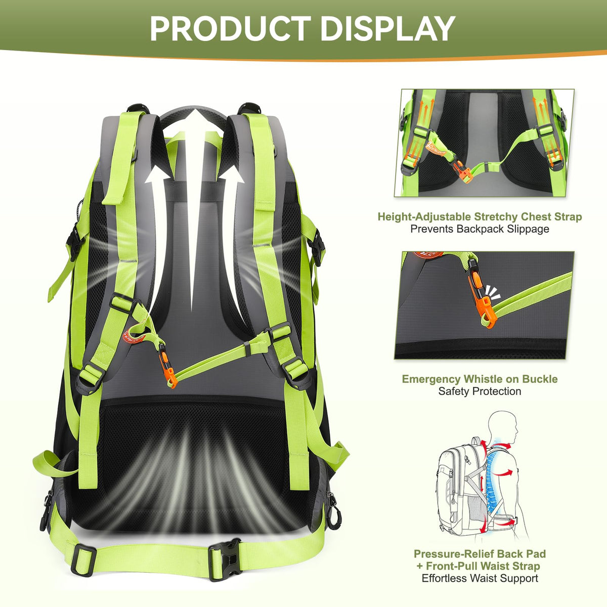 Super Eager Hiking Backpack - 50L, Waterproof, Green - product view 4
