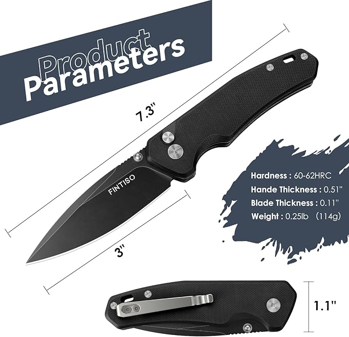 FINTISO Pocket Knife, 3" 14C28N Steel Blade G10 Handle Small EDC knife with Button Lock, Sharp