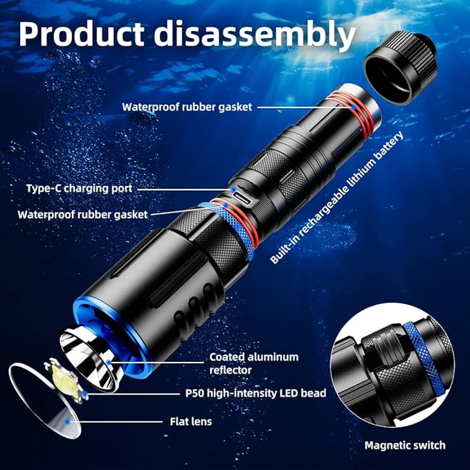 1000 Lumens Dive Light, Waterproof IPX8 100M, Rechargeable LED Flashlight with 11° Beam Angle