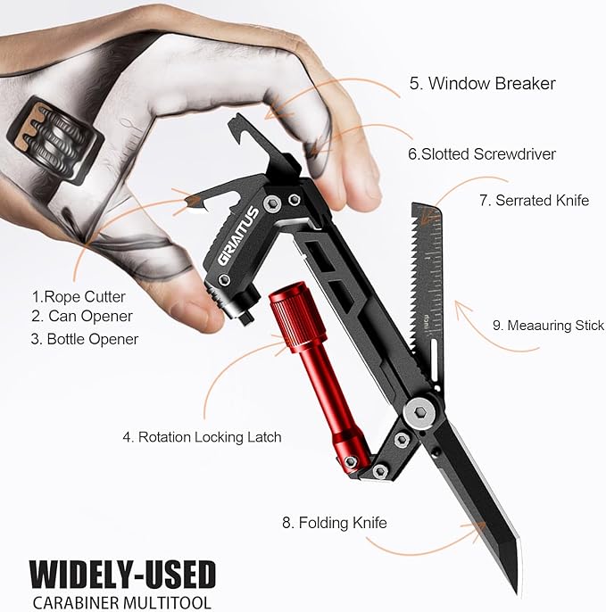 Carabiner Multitool with Pocket Knives, EDC Carabiners, Serrated Knife, Rope Cutter, Screwdriver