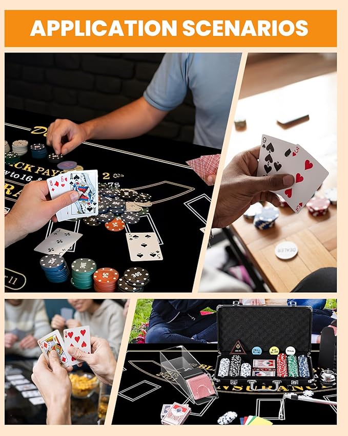 Blackjack Set Casino Set Blackjack Game Combo Set: Card Shuffler, 300pcs Poker Chips, Casino Felt