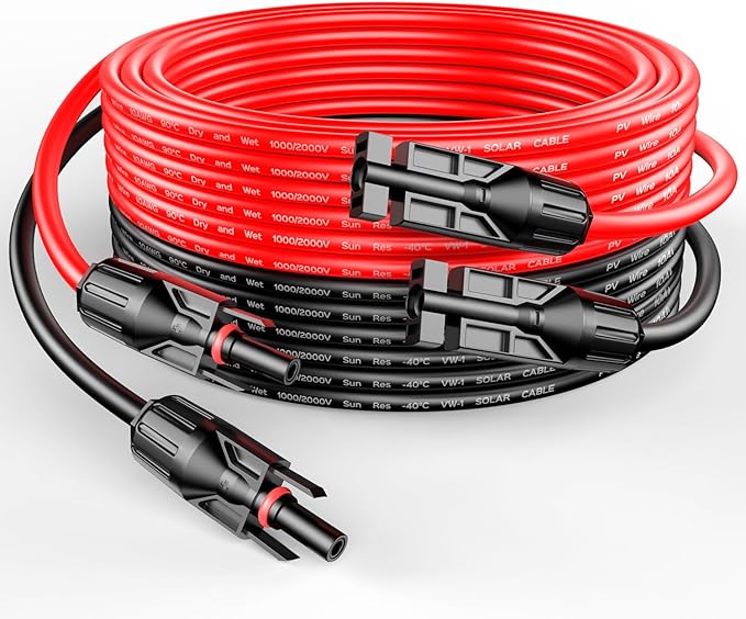 RICH SOLAR 10 Gauge 10AWG One Pair 20 Feet Red + 20 Feet Black Solar Panel Extension Cable Wire