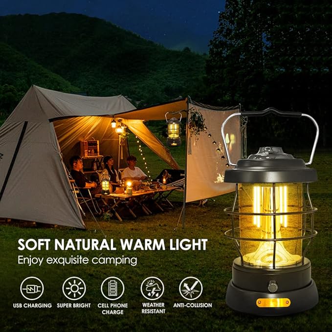 UniqueFire Retro Camping Lantern Rechargeable 1500LM 2 Modes Dimmable,Portable Electric Hurricane