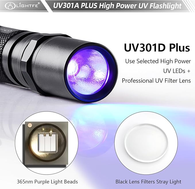 LIGHTFE Blacklight 395nm UV Flashlight UV301A-Plus with SSC UV LED, Pure Beam for UV Glue Curing