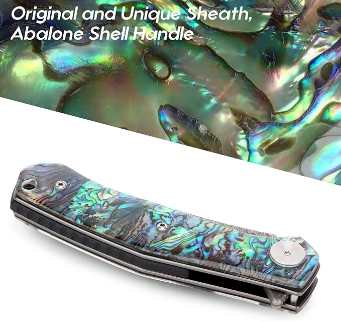 Benkey Damascus Pocket Knife with Clip Leather Sheath Sharp VG10 Core Folding Knife, EDC with Liner