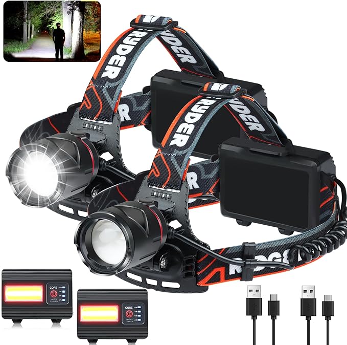 Rechargeable Headlamp 2 Set, LED Head Lamps Battery Powered, Super Bright High Lumen with 3+4 Modes