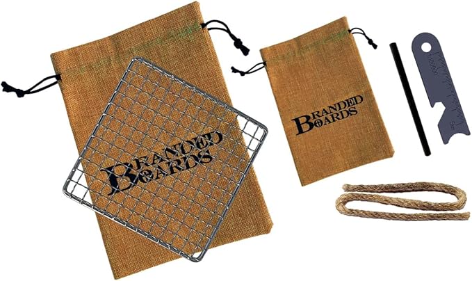 Portable Bushcraft Stainless BBQ Cooking Grill Grate, Bamboo Cutting Board, Burlap Bag, Mini Knife