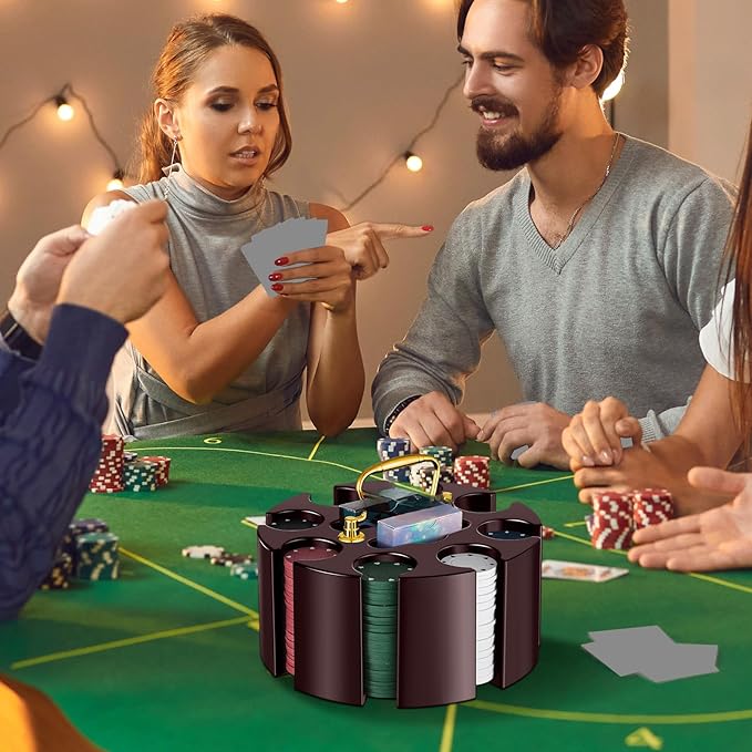 Wettarn Poker Chips Poker Set, 200 Count Rotating Chip Case Wood Carousel Case Holder with 200 Pcs
