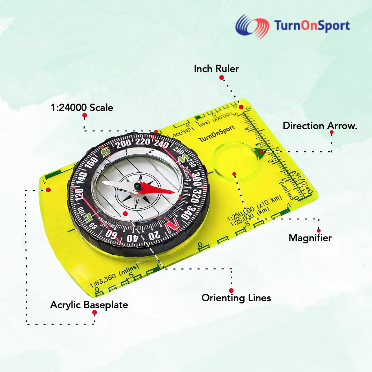 TurnOnSport Orienteering Compass - Green - product view 3