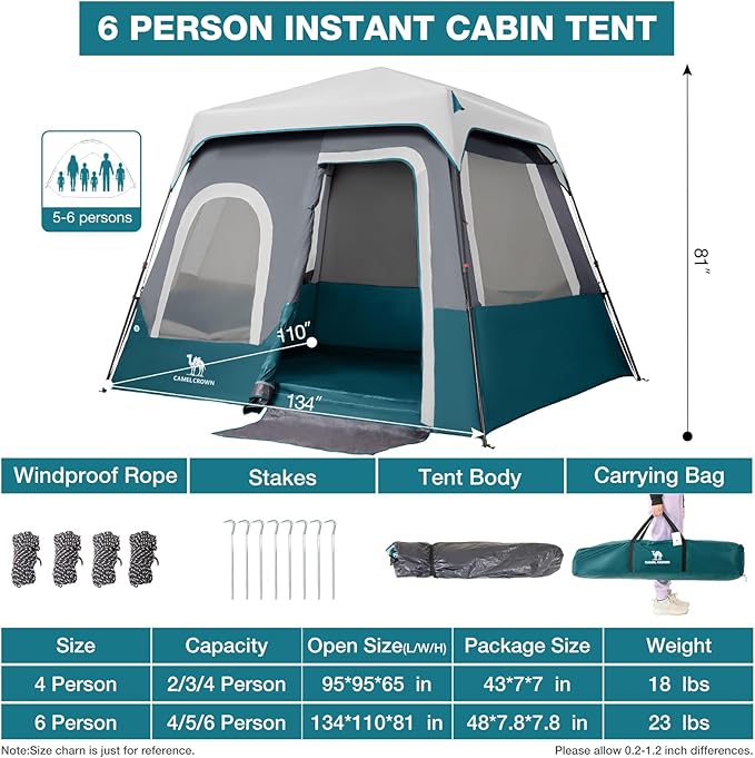 Camping Tents 4/6 Person Pop Up Instant Tent - Setup in 60s for Family Camping, Windproof Design