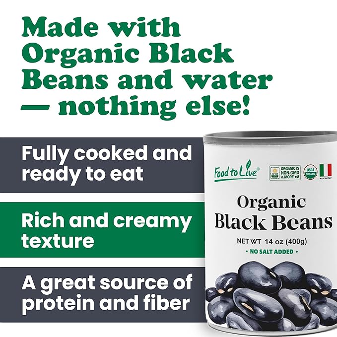 Food to Live Organic Canned Black Beans, 14 oz (Pack of 2) - Unsalted Non-GMO Frijoles Negro.