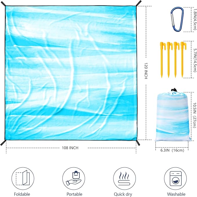Beach Blanket Waterproof Sandproof Beach Mat 79" X 83"/10'x9'for 2-8 Adults Quick Drying Outdoor