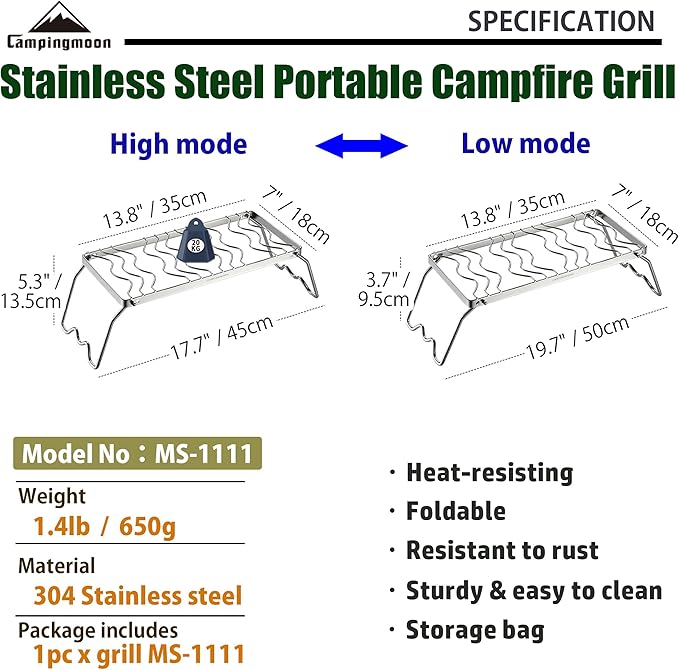 CAMPINGMOON Portable Folding Camping Campfire Grill over Fire Split Stoves 304 Stainless Steel