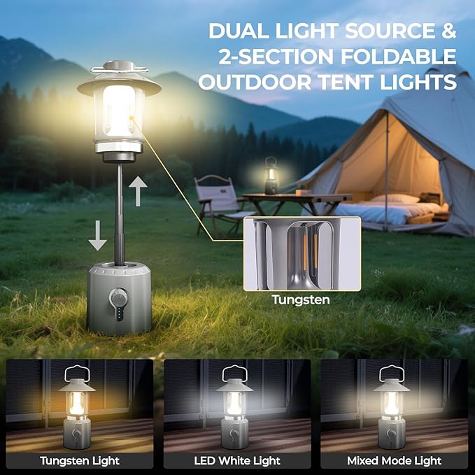 Camping Lantern Rechargeable, 8000mAh Power Bank, Telescopic Tent Light with 360° Lighting, Dual