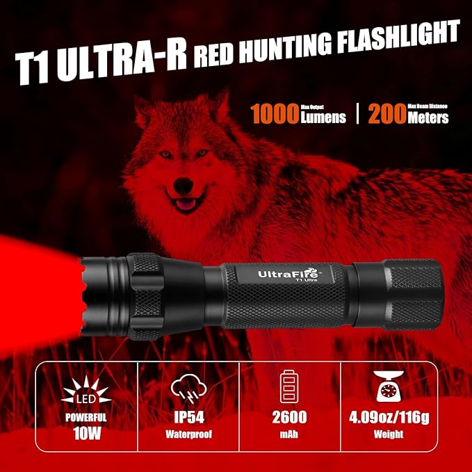 ULTRAFIRE Tactical Red Flashlight, 620nm-630nm High Purity Red LED Hunting Light,Super Bright 218