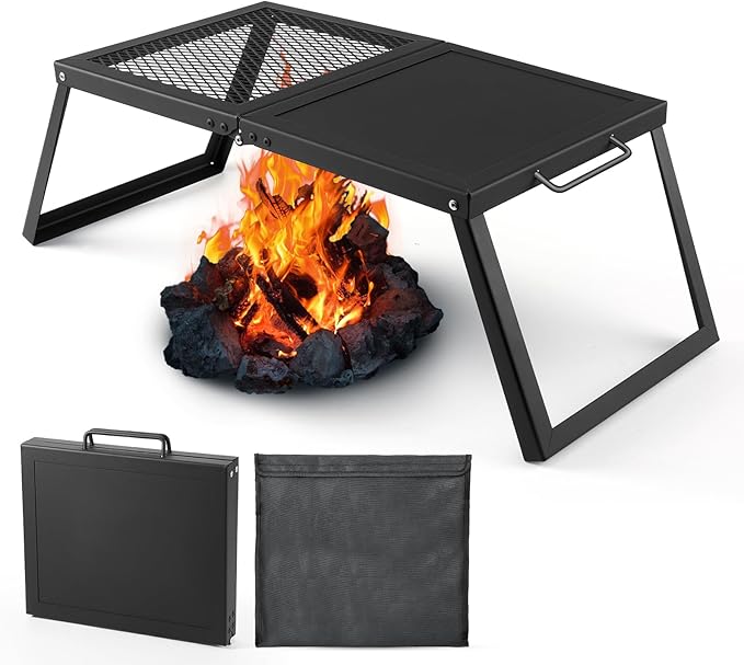 Odoland Folding Campfire Grill, Heavy Duty Steel Mesh Grate with Folding Legs and Storage Bag