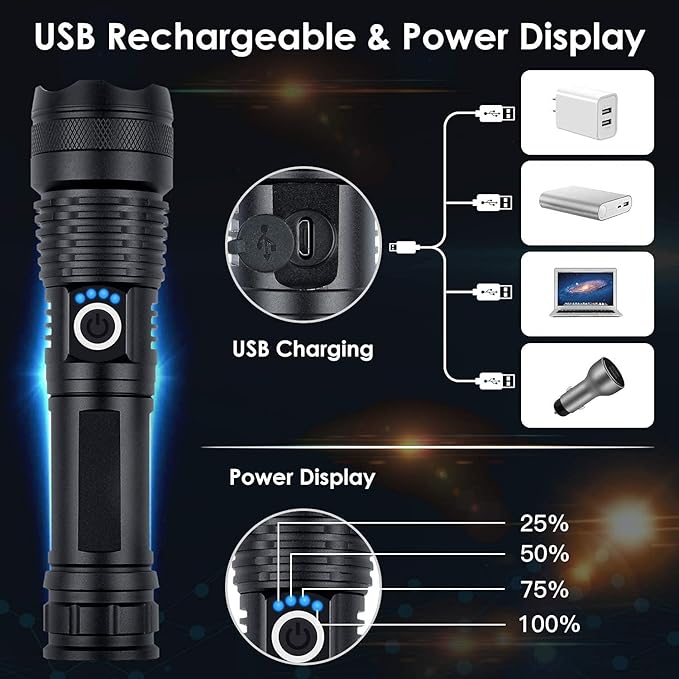 Rechargeable Flashlights High Lumens, 90000 Lumens Super Bright LED Flash Light, 5 Modes, IPX5