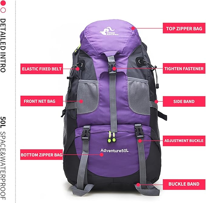 Bseash 50L Hiking Backpack, Water Resistant Lightweight Outdoor Sport Daypack Travel Bag for
