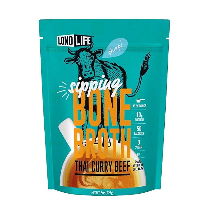 LonoLife Thai Curry Beef Bone Broth Powder Mix | Grass-Fed, 10g Protein | Collagen-Rich, Keto &
