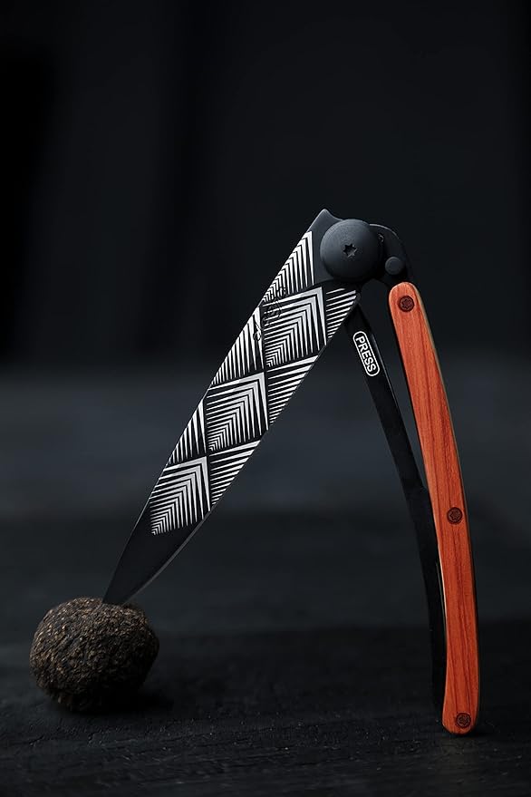 deejo - 0.9 OZ, Black Titanium, Coral Wood, Art Déco - Ultra-Light Folding Pocket Knife with a Belt