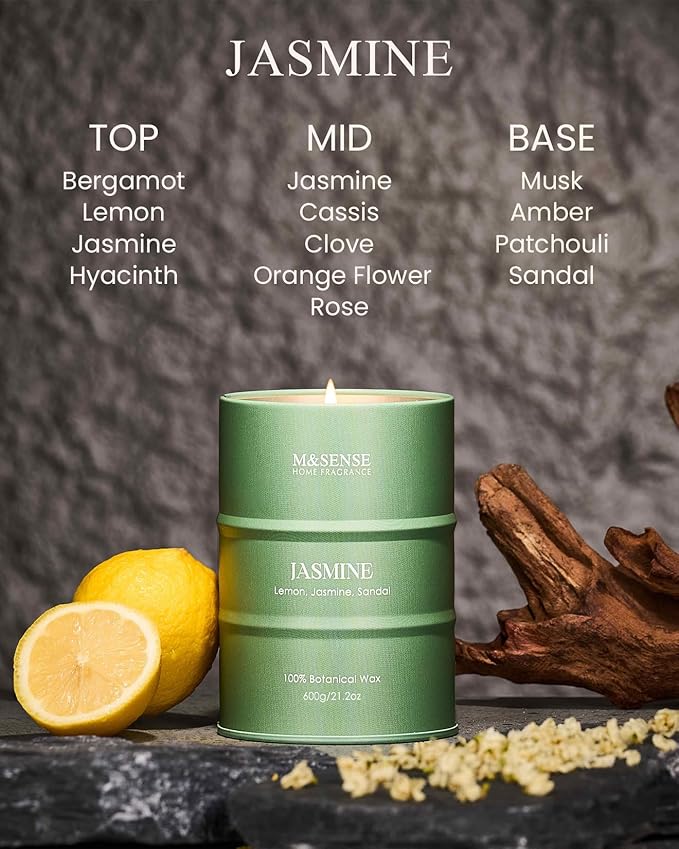 M&SENSE Jasmine Scented Candles Large, Natural Soy Candles 21.2oz 120 Hour Slow