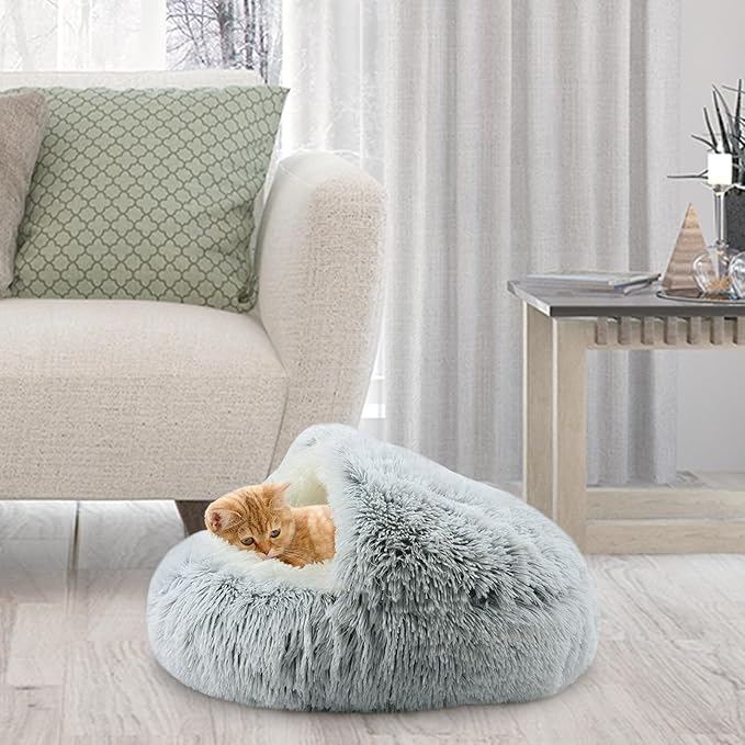 Calming Cat Beds, Fluffy Plush Round Cat Cave Washable, Cozy Warming Anti-Slip Small Dog Bed for