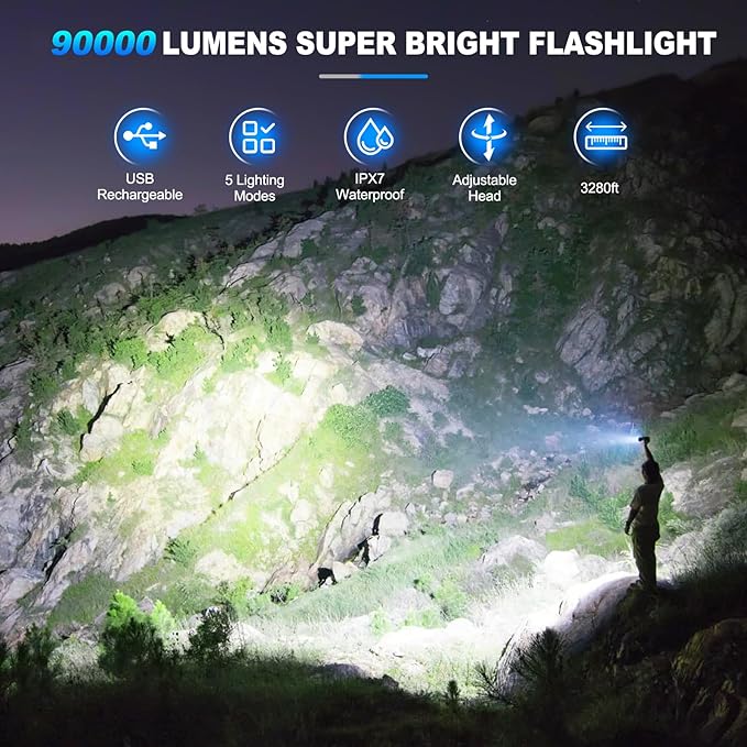 KINGCAESAR Flashlights High Lumens - 2 Pack, 90,000 Lumens Super Bright Flashlight Rechargeable