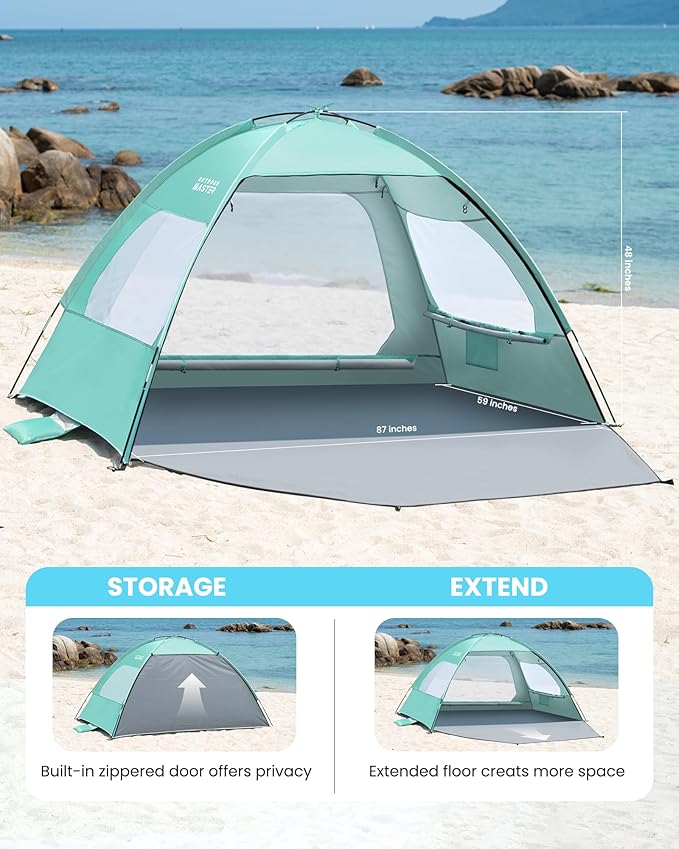 OutdoorMaster Beach Tent for 3/4 Person - Easy Setup Sun Shade Shelter, Portable Beach Shade Sun