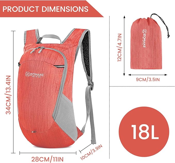 ZOMAKE Ultra Lightweight Packable Backpack 18L, Small Foldable Hiking Backpacks Water Resistant