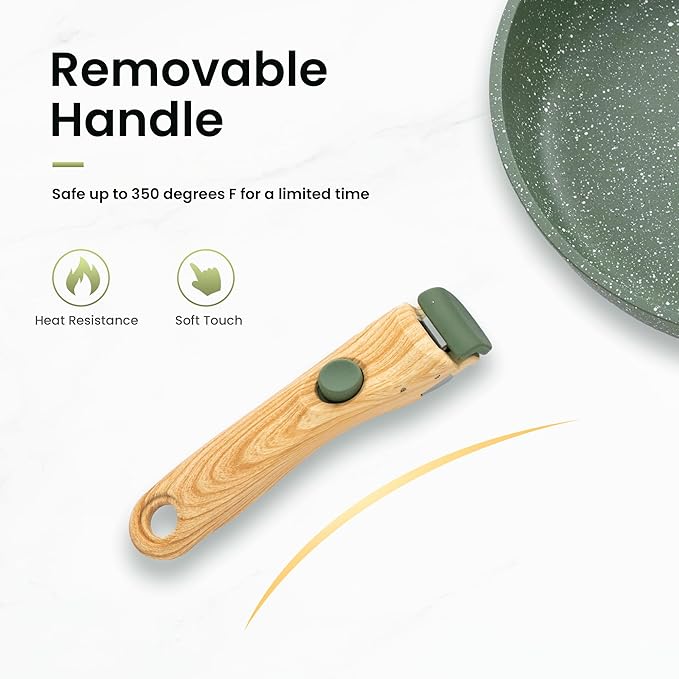 Kitchen Academy Removable Handle Pots and Pans Set - 10 Pieces Green Cookware Set with Removable