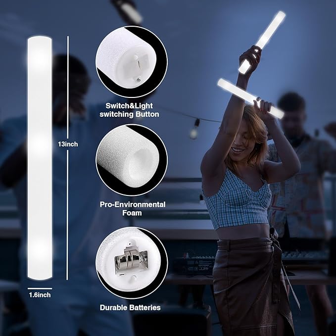 48Pack LED Glow Foam Sticks Bulk,Light Up Glow Sticks with 3 Flashing Modes,White Glow Wands Party