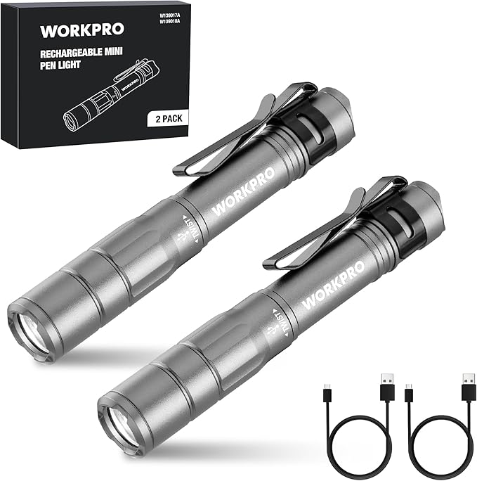 WORKPRO Rechargeable Pen Light, Mini Flashlight, 2 Pack Ultra-Compact EDC Flashlight, Pocket