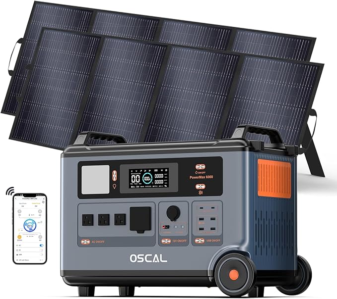 OSCAL Solar Generator 3600Wh PowerMax 6000 with 2X400W Portable Solar Panel, 120V/240V Power