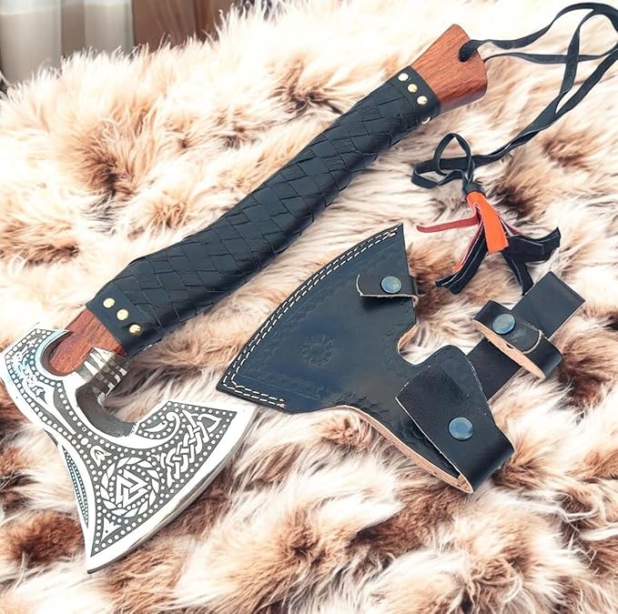 AX-7000 Custom Gift Forged Carbon Steel Viking Axe with Rose Wood Shaft, Viking Bearded Camping Axe
