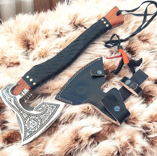 AX-7000 Custom Gift Forged Carbon Steel Viking Axe with Rose Wood Shaft, Viking Bearded Camping Axe