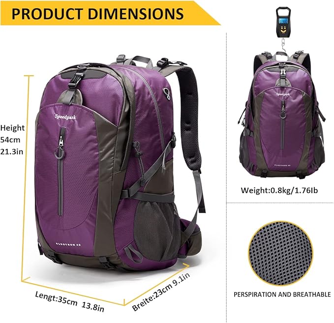 SPEEDPARK Hiking Backpack 40L Waterproof Hiking Daypack with Rain Cover, Outdoor Trekking Travel