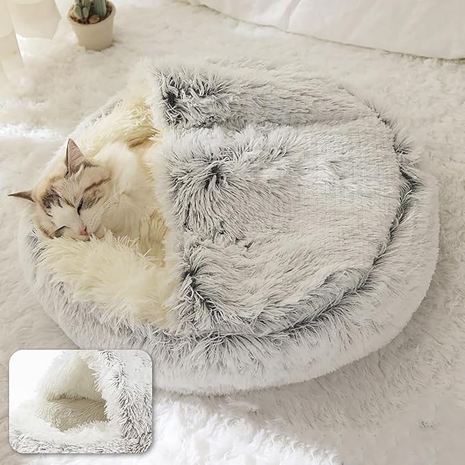 ShinHye Plush Fluffy Hooded Cat Bed Cave, Cozy for Indoor Cats or Small Dogs - Waterproof
