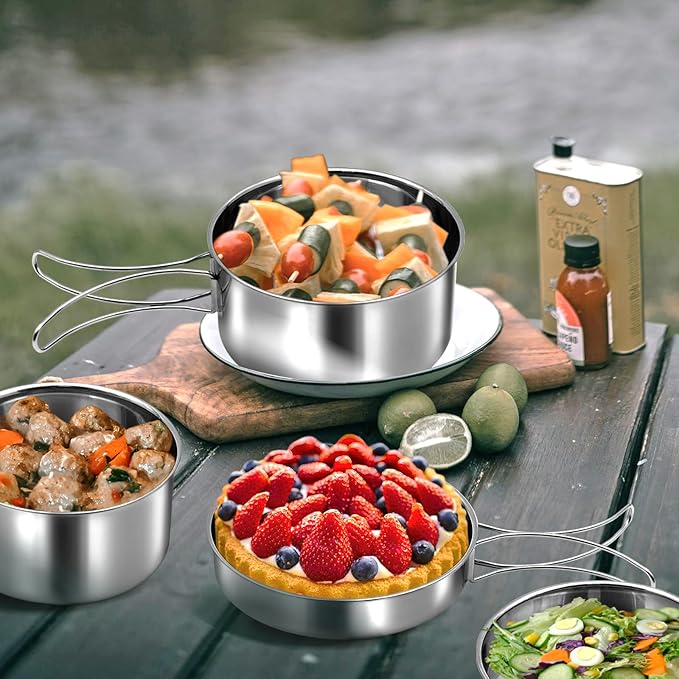 18/8 Stainless Steel Camping Cook Pot Set of 4 pcs, Camping Messware Kit, Camping Cooking Set