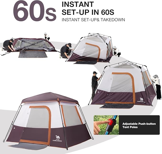 Camping Tents 4/6 Person Pop Up Instant Tent - Setup in 60s for Family Camping, Windproof Design