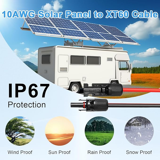 Solar to XT60 Cable 10AWG 6FT Solar Connector to XT60 Adapter Cable for Solar Panel to Battery RV