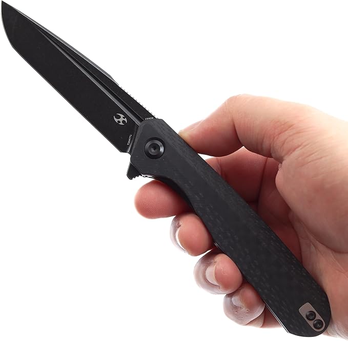 KANSEPT Qilin Pocket Knife,3.24'' Blackwash 154CM Sharp Tanto Blade, Black Carbon Fiber & G10