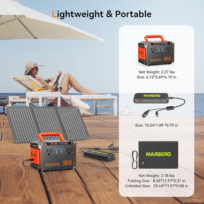 MARBERO 88.8Wh Portable Power Station with 30W Solar Panel 150W Peak Camping Solar Generator Power